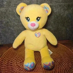 Build-A-Bear Yellow Tie Dye Teddy Rainbow Heart Plush 16"